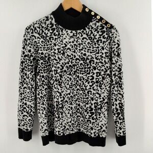 Calvin Klein Women's Animal Print Mock Neck Sweater Snow Leopard Black White Med